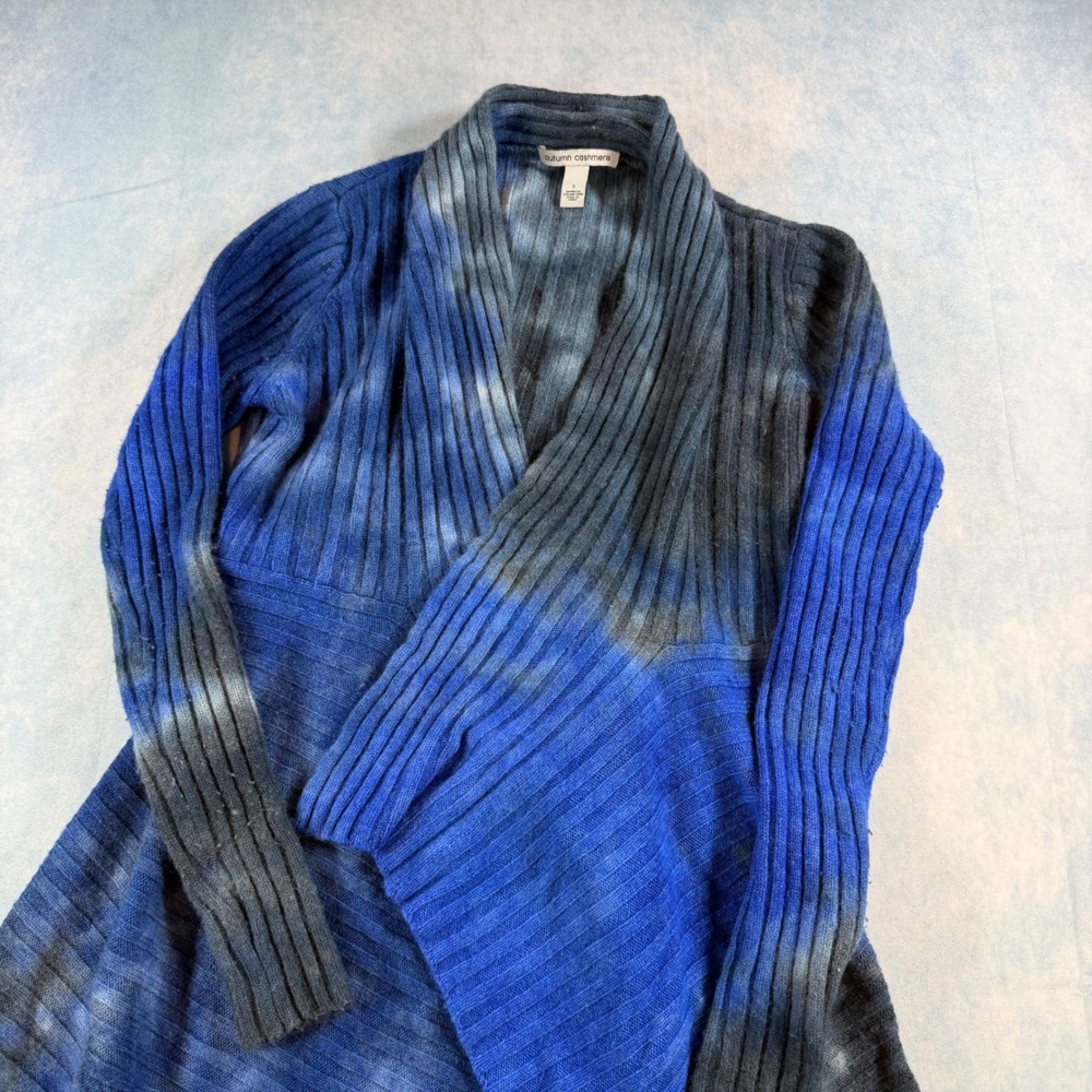 Autumn Cashmere Wool Blend Cardigan Womens Small Blue Tie Dye Excellent Ribbed